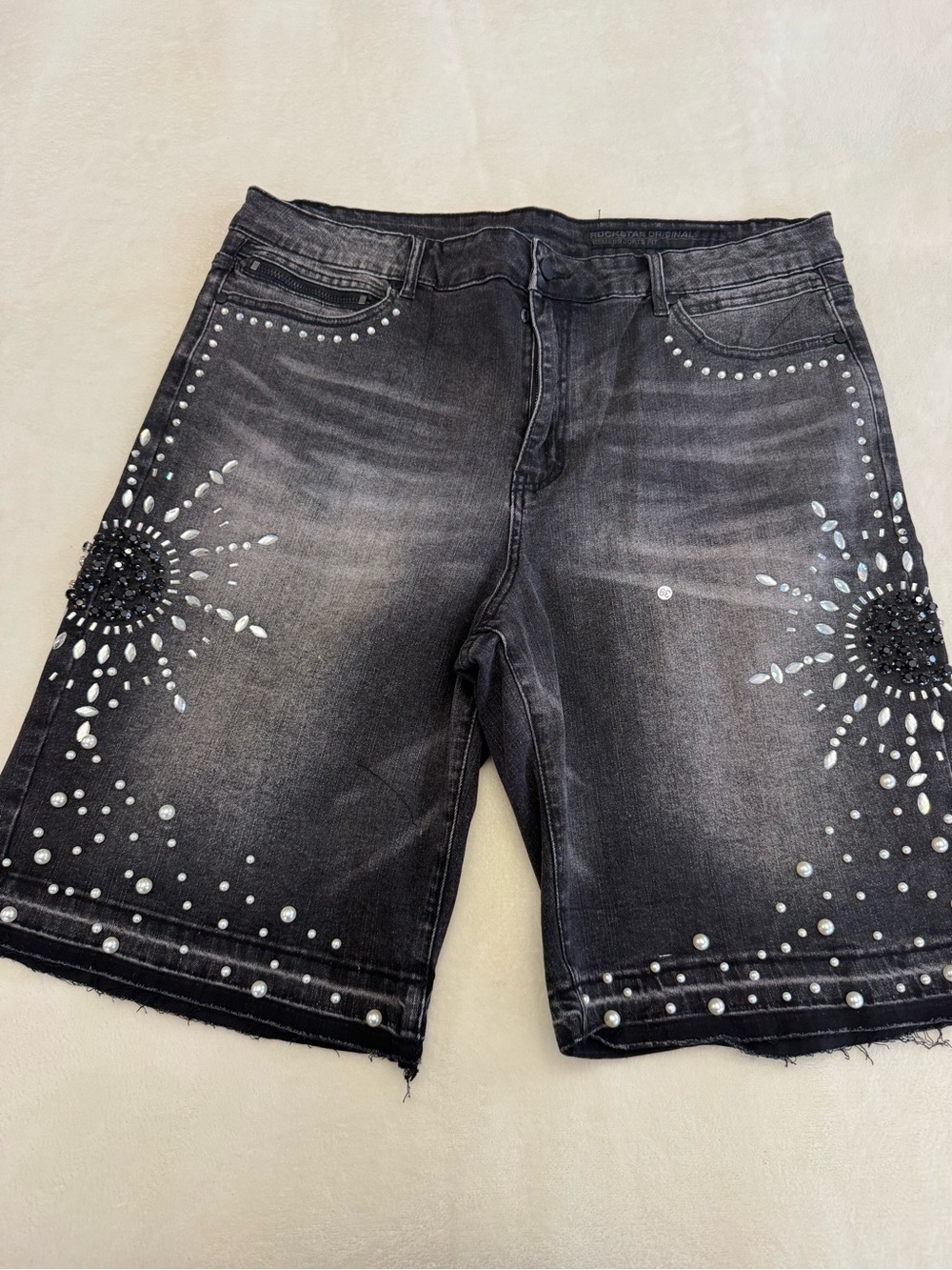Men's Black Studded Denim Jean Shorts with Sunburst Embellishment